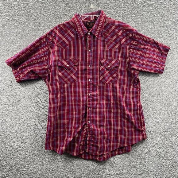 Plains Western Wear Mens Shirt Extra Large Red White Plaid Pearl Snap Pocket - Picture 1 of 9